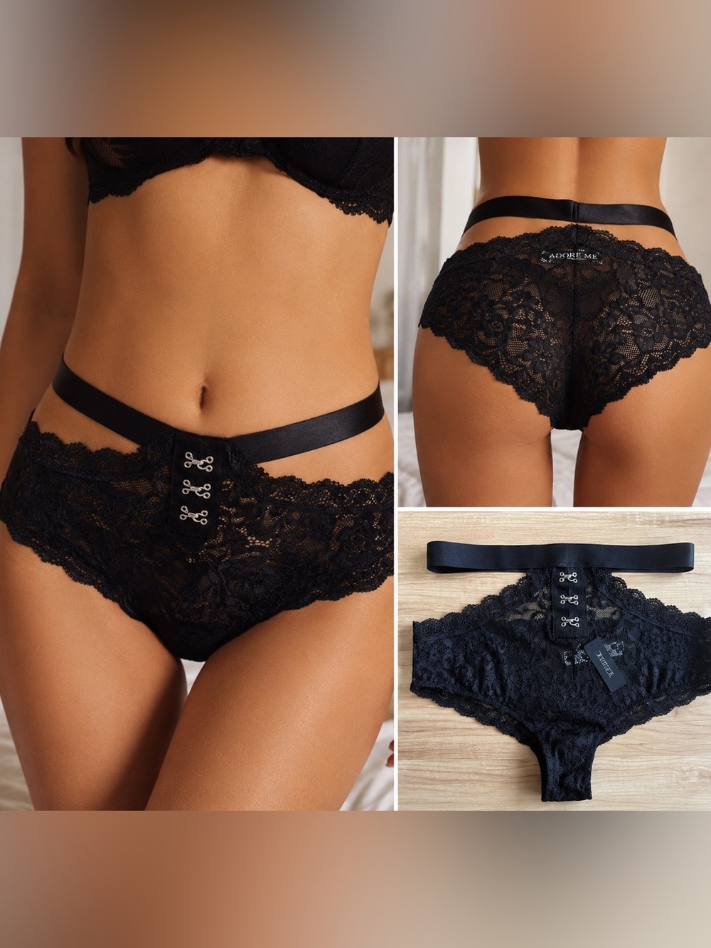Adore Me Black Lace Cheeky Panty w/ Hook Detail NWT Y2K Lingerie